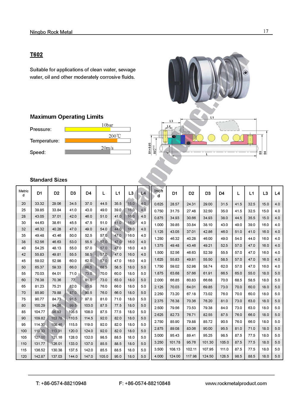 Mechanical Seal Standard Size Chart